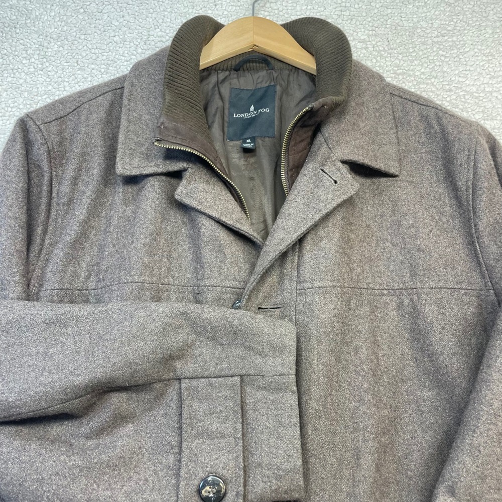 London Fog Coat Mens XL Brown Wool Blend Car Coat Zip Bib Button Front Heavy